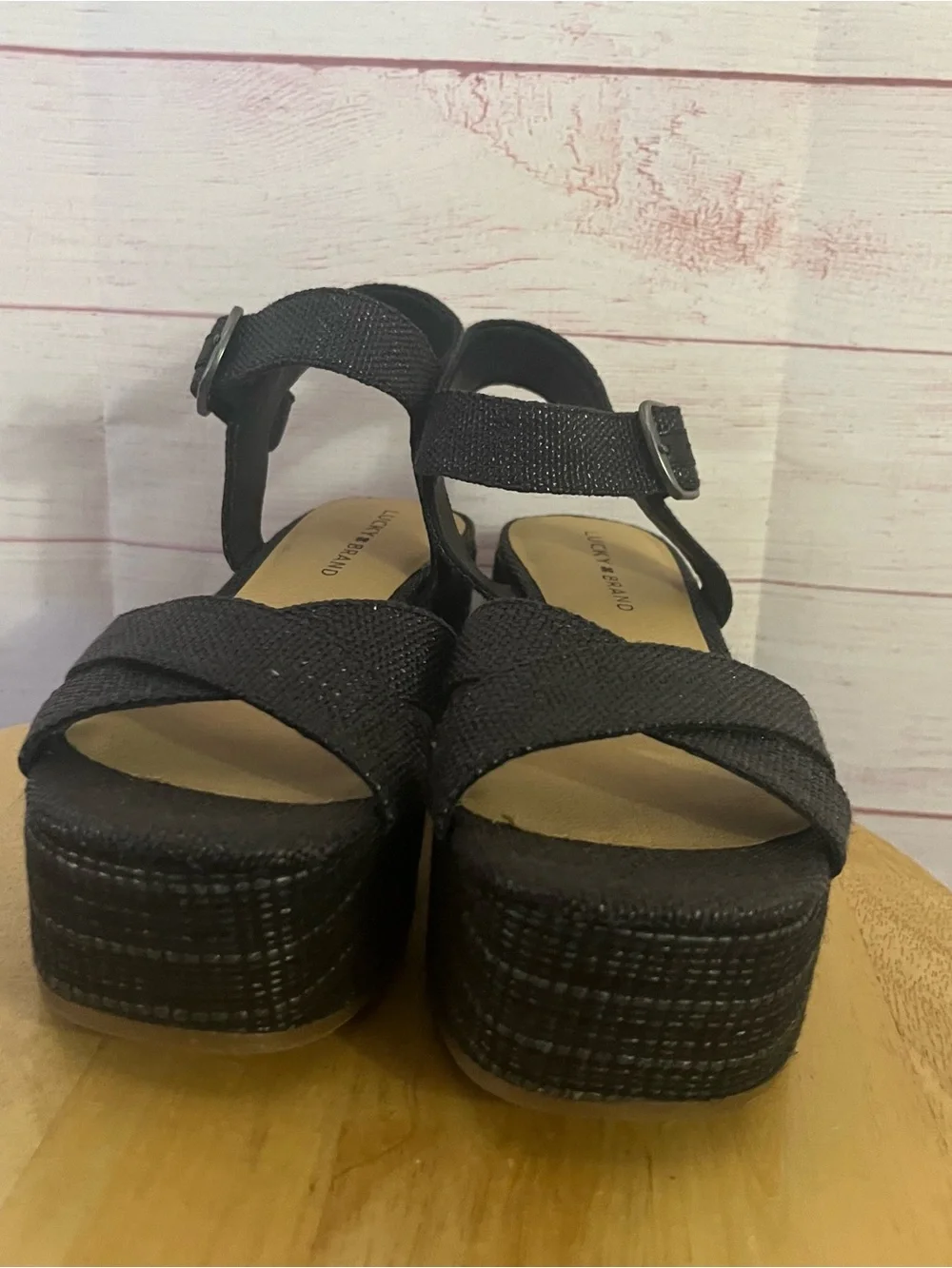 Lucky‎ Brand Black Bainda Espadrille Wedge Ankle Strap Sandals Size 9.5